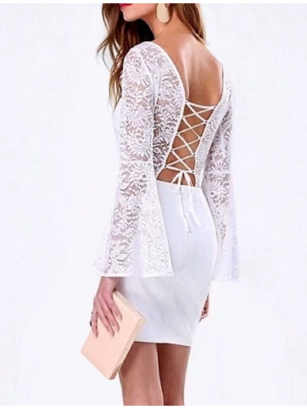 NWT bebe ivory white floral lace up back long bell sleeve top dress party
